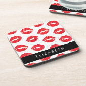 赤い唇、赤い口紅、唇のパターン、あなたの名前 コースター (左側)