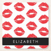 赤い唇、赤い口紅、唇のパターン、あなたの名前 スクエアペーパーコースター (正面)