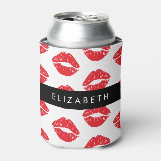 赤い唇、赤い口紅、唇のパターン、あなたの名前 缶クーラー (缶正面)