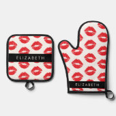 赤い唇、赤い口紅、唇のパターン、あなたの名前 鍋つかみ&鍋敷きセット (正面)