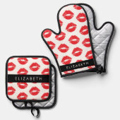 赤い唇、赤い口紅、唇のパターン、あなたの名前 鍋つかみ&鍋敷きセット (正面/裏面)