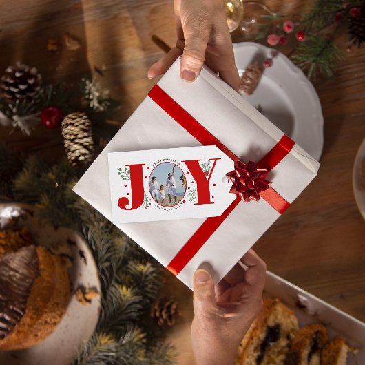 赤い喜びと果実のクリスマスフォト ギフトタグ