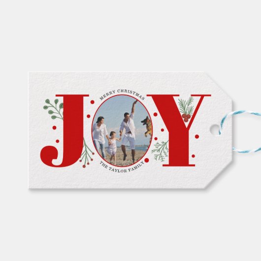 赤い喜びと果実のクリスマスフォト ギフトタグ (正面(横))