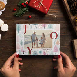 赤い喜びのパステルクリスマスツリーの写真ホリデーカード シーズンカード