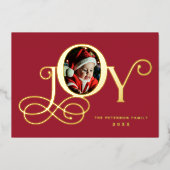 赤い喜びの写真 実物 金箔 ホリデー カード (正面)