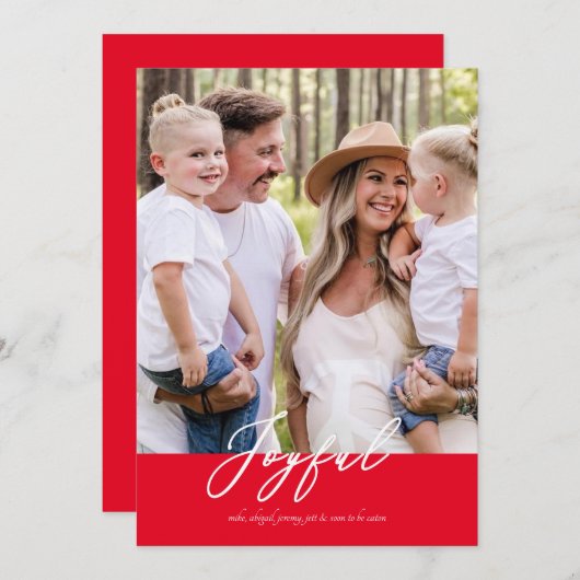 赤い喜びの家族の写真クリスマスラウンド シーズンカード (正面/裏面)
