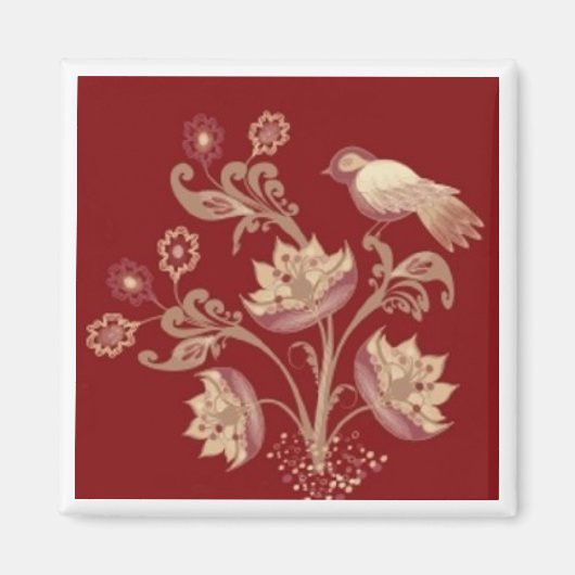 赤い四角い磁石の上の鳥と花 マグネット (正面)