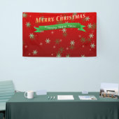 赤い地面に緑と白の雪片 横断幕 (トレードショー)