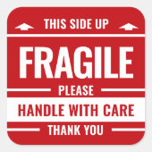 赤い壊れやすいラベルの警告発送のステッカー スクエアシール (正面)