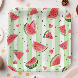 赤い夏のスイカのフルーツをテーマとしたかわいい女の子 ペーパープレート