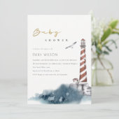 赤い夕暮れブルーライトハウスシーベビーシャワー招待状 サンキューカード (スタンド正面)