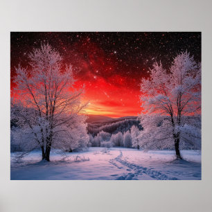 赤い夕焼けのウィンターフォレスト ❄ ポスター