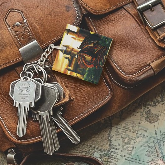 赤い夕焼けの城 ドラゴン ファンタジー キーホルダー