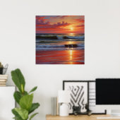 赤い夕焼けの海景画アート作品 ポスター (ホームオフィス)