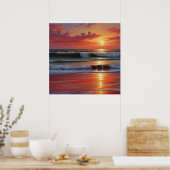 赤い夕焼けの海景画アート作品 ポスター (キッチン)