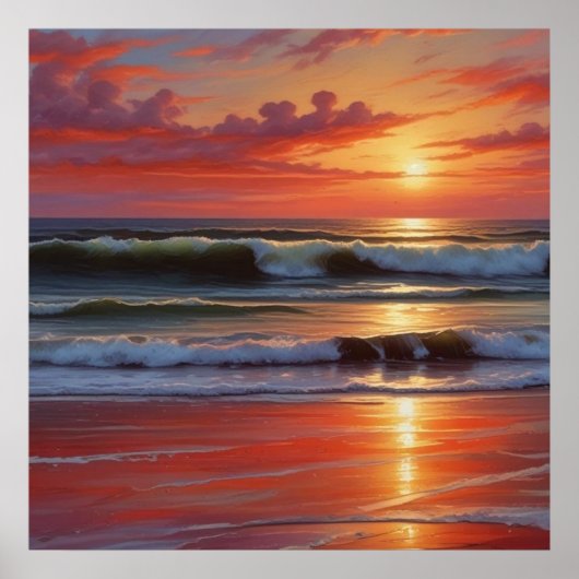赤い夕焼けの海景画アート作品 ポスター (正面)