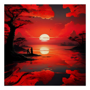 赤い夕焼け反射 – 平和な自然アート ポスター