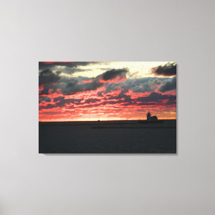 赤い夕焼け(灯台)キャンバス印刷 キャンバスプリント