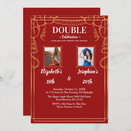 赤い大人の共同誕生日パーティー2写真 招待状 (正面/裏面)