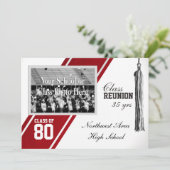 赤い大学スタイルのストライプと写真を使ったクラス会の案内 招待状 (スタンド正面)