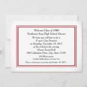 赤い大学スタイルのストライプと写真を使ったクラス会の案内 招待状 (裏面)