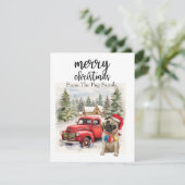 赤い大理石にPUG犬メリークリスマス シーズンカード (スタンド正面)