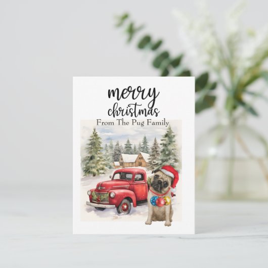 赤い大理石にPUG犬メリークリスマス シーズンカード (スタンド正面)
