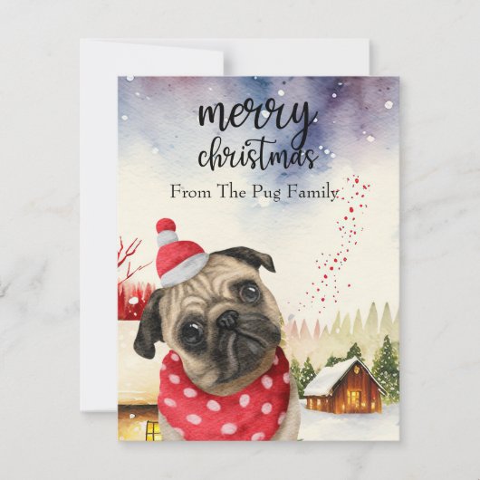 赤い大理石にPUG犬メリークリスマス シーズンカード (正面)