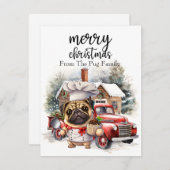 赤い大理石にPUG犬メリークリスマス シーズンカード (正面/裏面)
