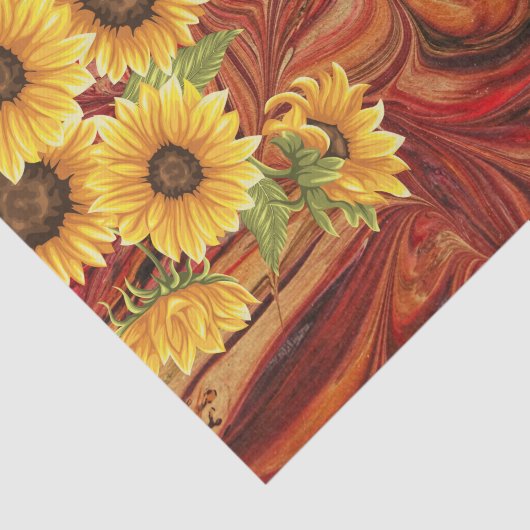 赤い大理石のデコページの黄色のひまわり 薄葉紙 (詳細)