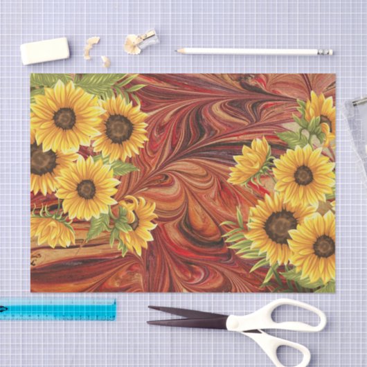 赤い大理石のデコページの黄色のひまわり 薄葉紙 (クラフト)