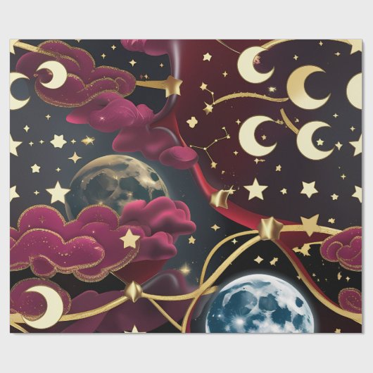 赤い天体月デザインの包装紙 ラッピングペーパー (フラット)