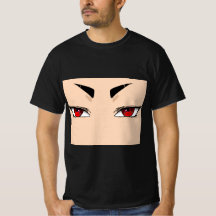 赤い太いアニメの目のメンズTシャツ
