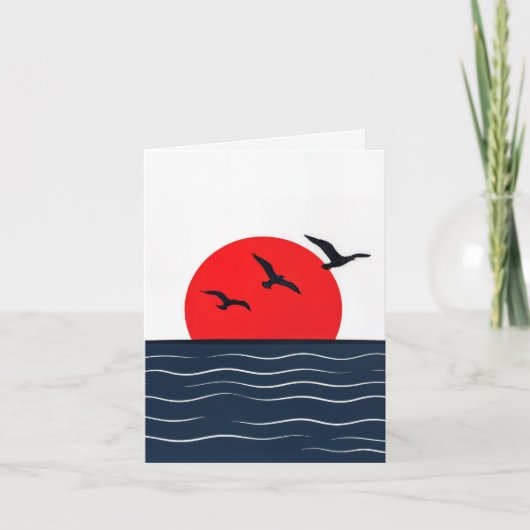 赤い太陽が輝く海辺のカモメ ノートカード (正面)