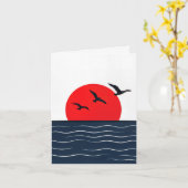 赤い太陽が輝く海辺のカモメ ノートカード (黄色い花)