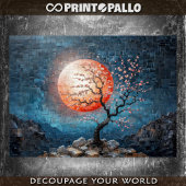 赤い太陽とさくらんぼの木とモザイクの風景 薄葉紙