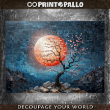 赤い太陽とさくらんぼの木とモザイクの風景