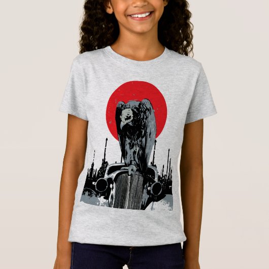 赤い太陽とビンテージカーの上のハゲタカ Tシャツ (正面)