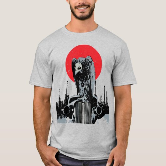 赤い太陽とビンテージカーの上のハゲタカ Tシャツ (正面)