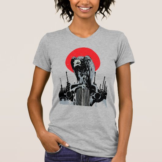 赤い太陽とビンテージカーの上のハゲタカ Tシャツ (正面)