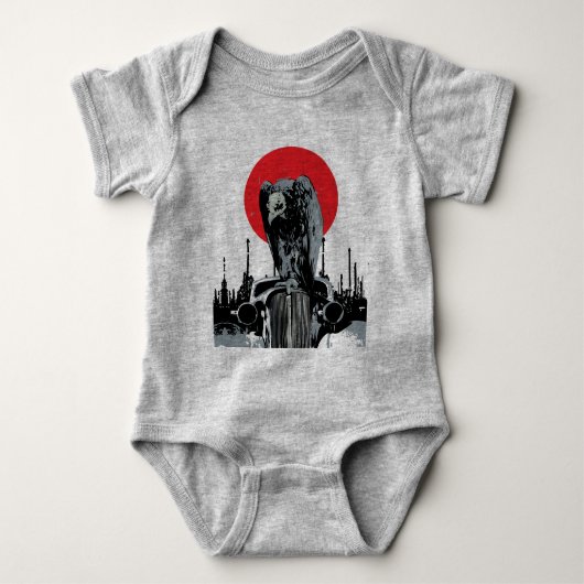 赤い太陽とヴィンテージカーのハゲワシ ベビーボディスーツ (正面)