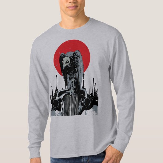 赤い太陽とヴィンテージカーのハゲワシ Tシャツ (正面)