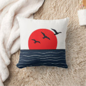 赤い太陽と海にいるカモメ クッション (ブランケット)