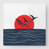 赤い太陽と海のカモメ スクエア壁時計 (正面)