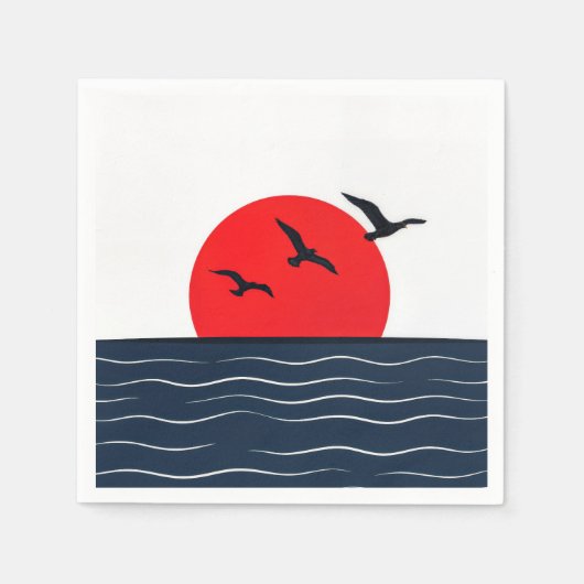 赤い太陽と海のカモメ スタンダードカクテルナプキン (正面)