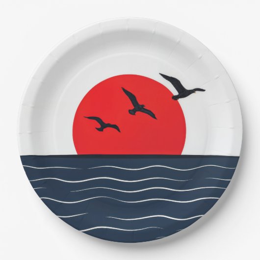 赤い太陽と海のカモメ ペーパープレート (正面)