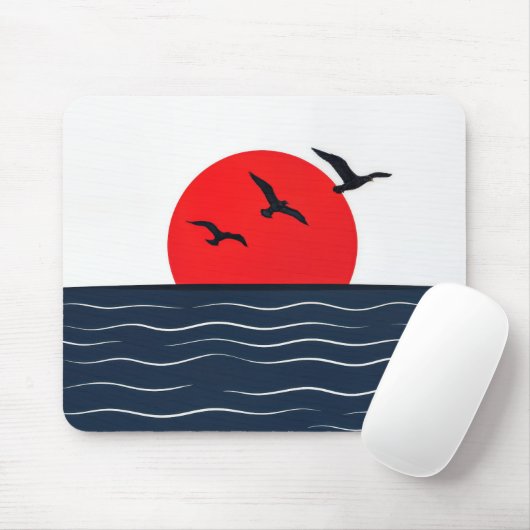 赤い太陽と海のカモメ マウスパッド (マウス)