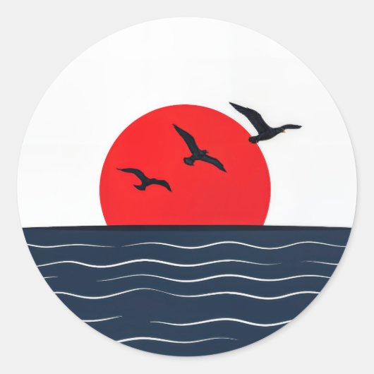 赤い太陽と海のカモメ ラウンドシール (正面)