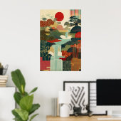 赤い太陽と滝の日本風景アートプリント ポスター (ホームオフィス)