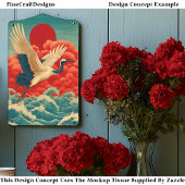 赤い太陽の下の波の上にクレーンDQ9Rデコページ 薄葉紙